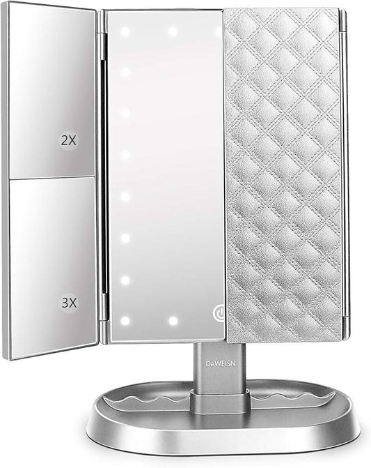 deweisn Trifold Lighted Vanity Makeup Mirror with 21 LED Lights,1/2/3 Magnification and Dimming,Two Power Supplies Makeup Mirror,Gift for Women - ModernBath
