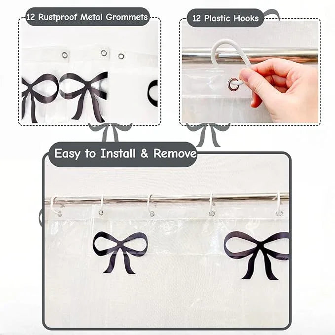Clear Cute Black Bow Shower Curtain Liner, Plastic Transparent Girly Fancy Shower Curtain, Aesthetic Preppy Shower Curtain Bow Bathroom Decor for Women, 72x78 Shower Curtain Set with Magnets 12 Hooks - ModernBath