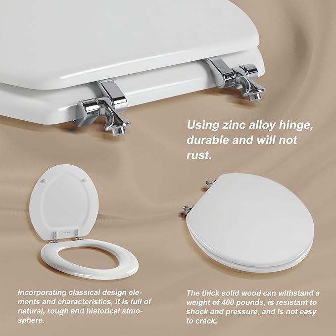 White Round Toilet Seat Natural Wood Toilet Seat with Zinc Alloy Hinges, Easy to Install also Easy to Clean, Scratch Resistant Toilet Seat by Angol Shiold (Round, White) - ModernBath