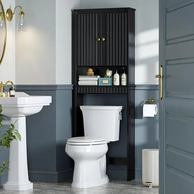 Over The Toilet Storage Cabinet, Over The Toilet Storage with Fluted Door Over The Toilet Cabinet with Adjustable Shelf Above The Toilet Storage Cabinet for Bathroom Organizer, Black - ModernBath