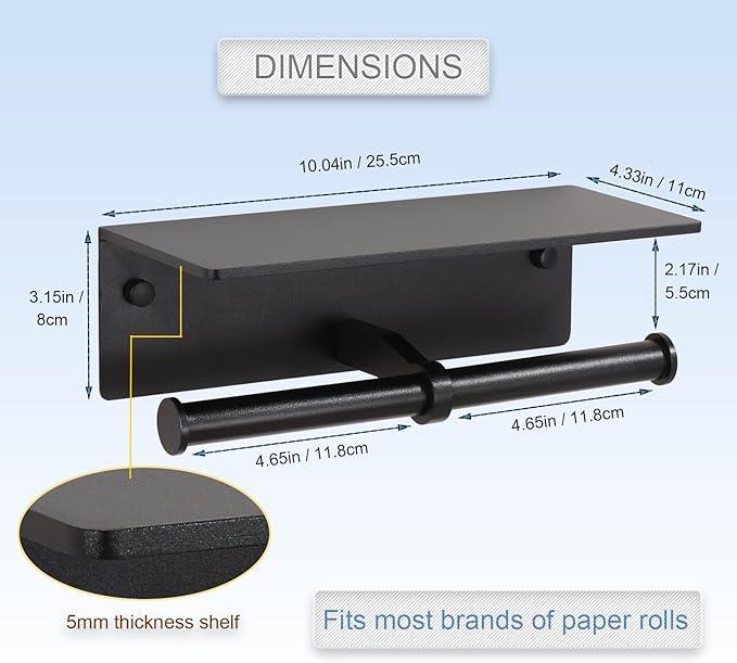 Toilet Paper Holder - Double Rolls Toilet Tissue Holder with Phone Shelf for Bathroom - TP Roll Holder with Wipes Storage, Wall Mounted by Adhesive Pad No Drilling or Screw - Matte Black - ModernBath