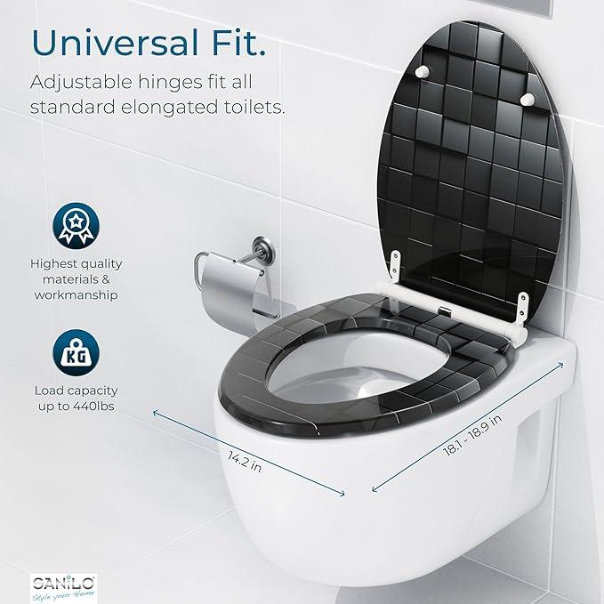 Sanilo Wooden Toilet Seat with Quick Release & Soft Close [ELONGATED] - Decorative & Slow Close Molded Wood Seat - With One Click for Easy Installation & Cleaning - With Adjustable Fit (Cube) - ModernBath