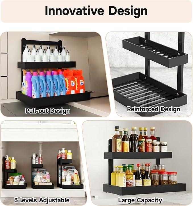 Bamboo Undersink Organizer Storage - 2-Tier Cabinet Shelf with Adjustable Levels, Under Sink Storage Slide Out for Cabinet Pantry Kitchen Bathroom (Black) - ModernBath