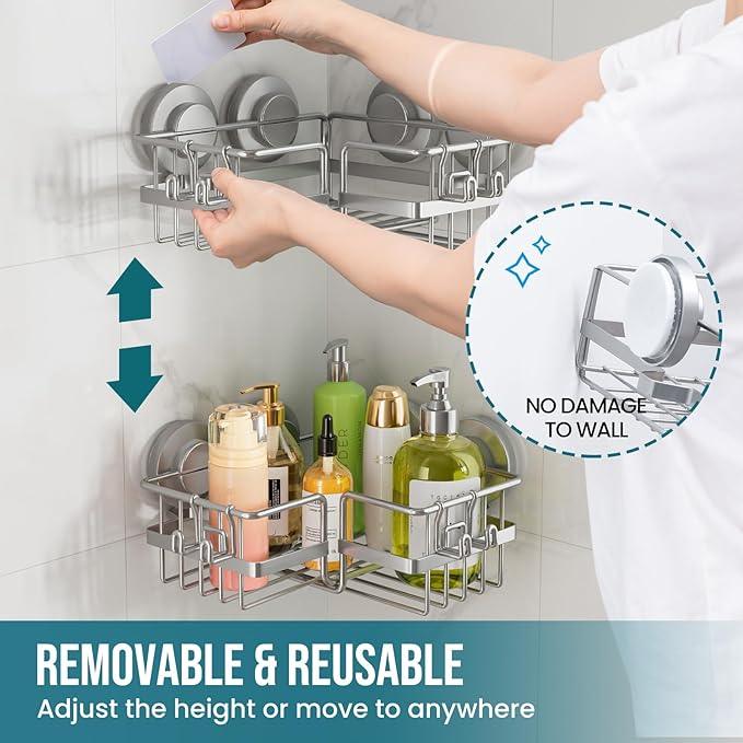 TAILI Corner-adaptive Suction Cup Shower Caddy 2 Pack, Stainless Steel Rustproof Corner Shower Shelves, Drill-Free Wall Mounted Baskets, Large Capacity, Removable Suction Cup Bathroom Organizer, Gray - ModernBath