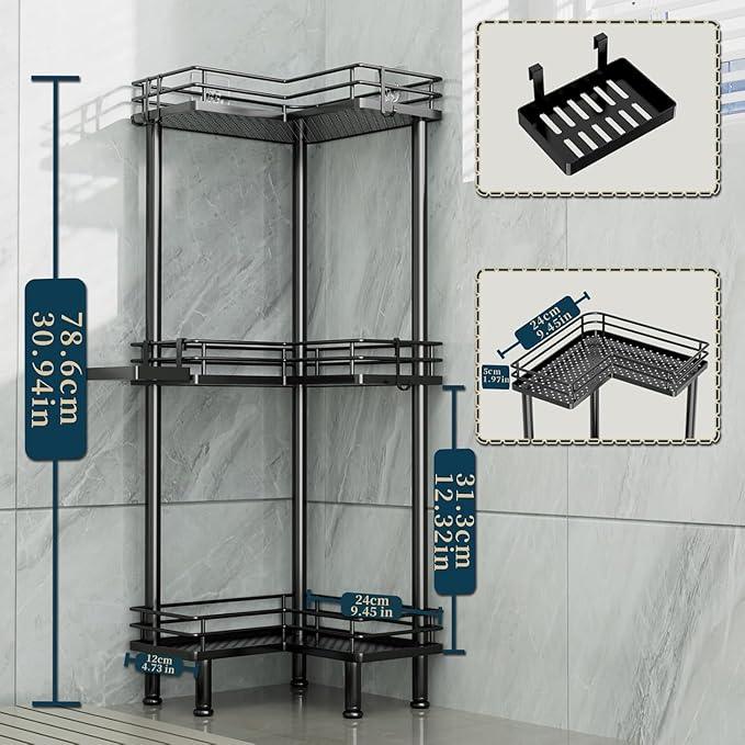 Consumest Corner Shower Caddy Standing - 3-Tier Stainless Steel Shower Organizer with Soap Holder and 4 Hooks, Large Capacity Corner Shelf Stand for Bathroom, Rest Room, Black - ModernBath