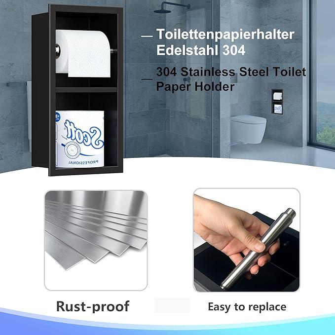 Neodrain Black Toilet Paper Holder, Contemporary Hotel Style Pivoting in Wall Tissue Holder, Stainless Steel Recessed Tissue Paper Roll Holder, Dual roll(Matte Black) - ModernBath