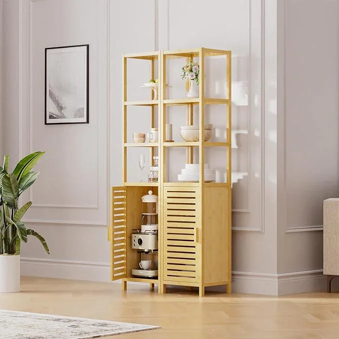 HITNET Bathroom Floor Cabinet, 6 Tier Tall Thin Linen Tower Storage Cabinet Free Standing Bamboo, Kitchen Side Organizer with 3 Shelves and Cupboard, Natural - ModernBath