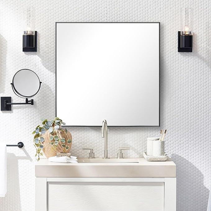 Bonverre 24x24 Inch Black Bathroom Mirror for Wall, Aluminum Frame Rectangle Rectangular Vanity Mirror, Modern Large for Bedroom, Living Room, Horizontal or Vertical - ModernBath
