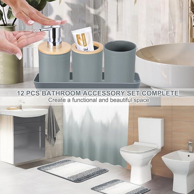 iMucci Bathroom Accessories Grey Bathroom Sets with Shower Curtain and Rug, Grey Ombre Waterproof Shower Curtain with Ultra Absorbent Rug Bathroom Accessories Set for Home Decor - ModernBath
