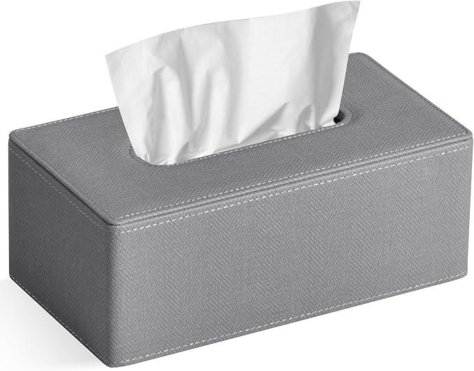GOLRANLYE Tissue Box Cover Rectangular 9.8"(L) x 5.3"(W) x 4.3"(H) Refined Modern PU Leather Facial Tissue Dispenser Box Holder for Dresser Bathroom Decorative (Linen Grey) - ModernBath
