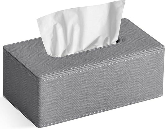GOLRANLYE Tissue Box Cover Rectangular 9.8"(L) x 5.3"(W) x 4.3"(H) Refined Modern PU Leather Facial Tissue Dispenser Box Holder for Dresser Bathroom Decorative (Linen Grey) - ModernBath