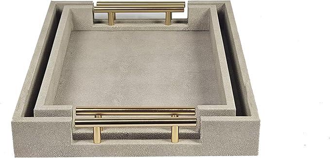 Set of 2 Wood Serving Tray with Gold Polished Metal Handles, Home Decorative Wooden Rectangle Ottoman Leather Decor Platter Bathroom Vanity Tray for All Occasions (Ivory) - ModernBath