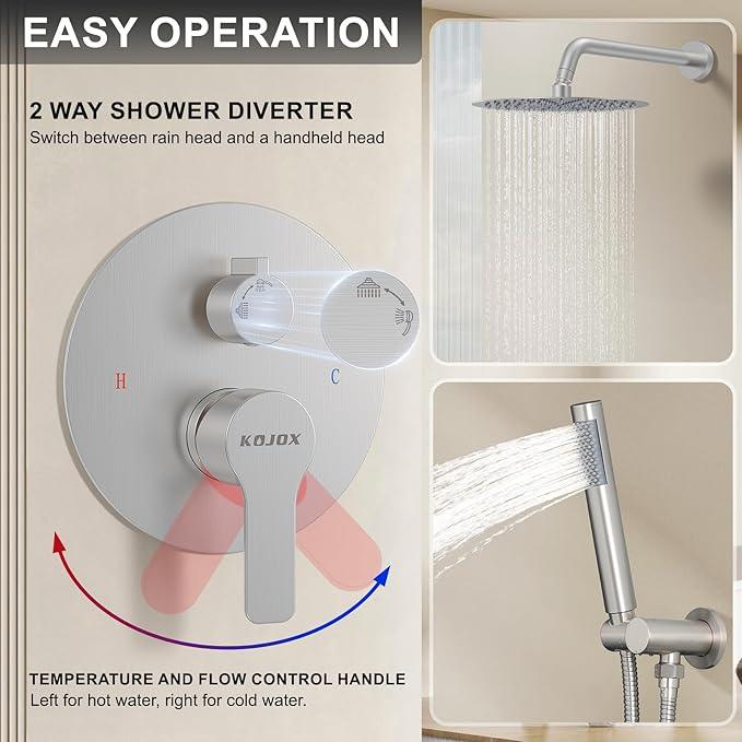 KOJOX 10 Inch Brushed Nickel Shower System with High Pressure Rain Shower Head, Handheld Shower Head, Bathroom Mixer Shower Set Wall Mounted Shower Faucet Rough-in Valve and Trim Kit - ModernBath