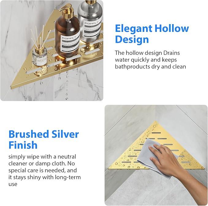 POPFLY 10 Inch Gold Corner Shower Shelf 2 Pack, 304 Stainless Steel Bathroom Shelves for Tiled Wall, No Drilling Recessed Organizer, Luxurious Floating Shower Shelf with Anti-Slip Design, PF7501G - ModernBath