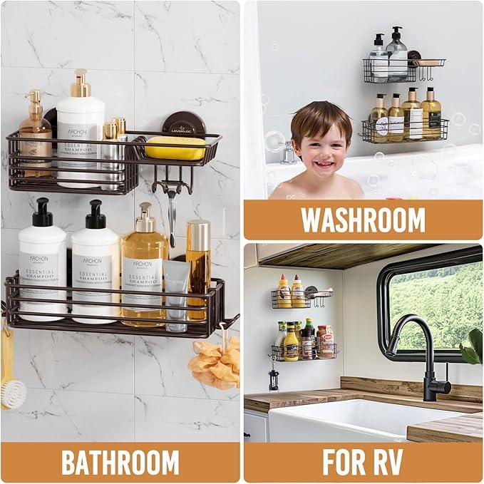 LEVERLOC Shower Caddy Suction Cup, 2 Pack Shelves for Inside with Hooks and Soap Holder, NO-Drilling Bathroom Holder, Rustproof Meatl Bathroom Organizer, Brown - ModernBath