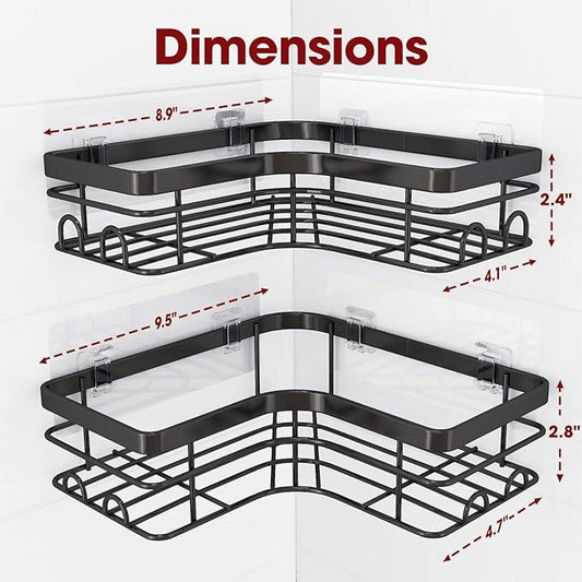 Corner Shower Caddy - 2 Pack, Adhesive Shower Organizers, Rustproof Stainless Steel Shower Shelves with 8 Hooks, No Drilling Bathroom Organizers and Storage Racks, Space-Saving, Black, X-Large - ModernBath