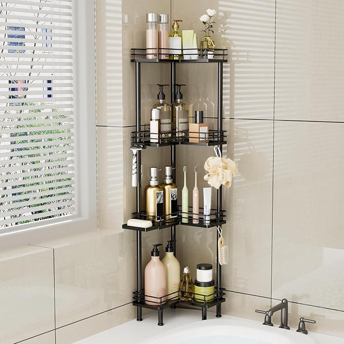 Consumest Corner Shower Caddy Standing - 4-Tier Stainless Steel Shower Organizer with Soap Holder and 4 Hooks, Large Capacity Corner Shelf Stand for Bathroom, Rest Room, Black - ModernBath