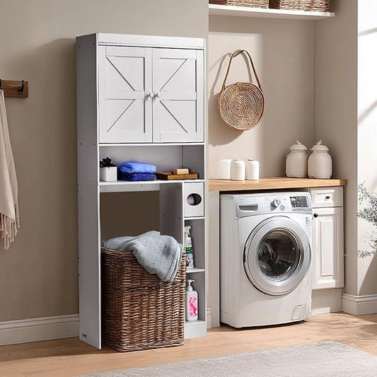 VEVOR Over The Toilet Storage Cabinet, 67.44‘’ Height Bathroom Storage Cabinet Over Toilet with Barn Door and Adjustable Shelf, Bathroom Space-Saving Toilet Rack White Wood with Open Shelf