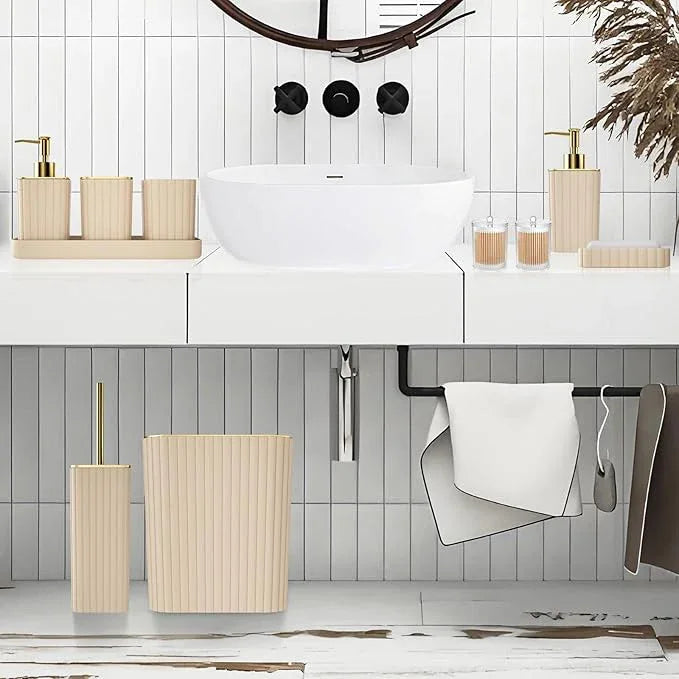 XLHOMO Bathroom Accessories Set - Gorgeous Bathroom Set, 10PC Beige Bathroom Accessory Set, Toilet Brush, Trash Can & Soap Dispenser - ModernBath