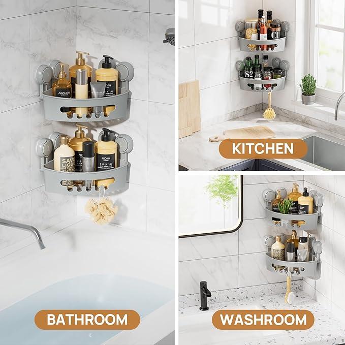 LEVERLOC Corner Shower Caddy Suction Cup, shower shelves suction cup, 2 Pack Basket Powerful Bathroom, Waterproof & Oil-proof Organizer for Kitchen, No-Drilling Removable (Grey) - ModernBath