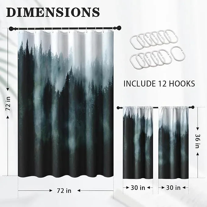Culudea Misty Mountain Tree Green Spring Waffle Textured Cloth Shower Curtain Set, Fog Forest Nature Vintage Bathroom Window Waterproof Shower Curtains for Bathroom Decor - ModernBath