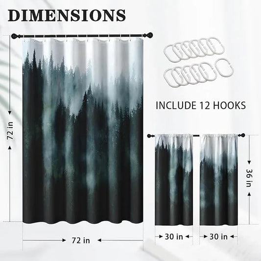 Culudea Misty Mountain Tree Green Spring Waffle Textured Cloth Shower Curtain Set, Fog Forest Nature Vintage Bathroom Window Waterproof Shower Curtains for Bathroom Decor - ModernBath
