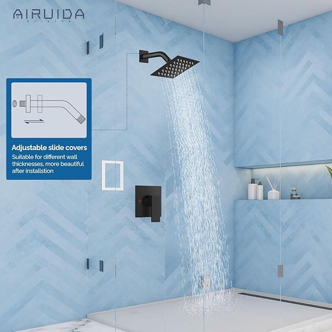Airuida Shower Faucet Set Bathroom Rain Shower System SUS304 Stainless Steel Single Handle With Male Threads Rough-in Valve Shower Trim Kit 4 Inch Wall Mount Shower Head Matte Black - ModernBath