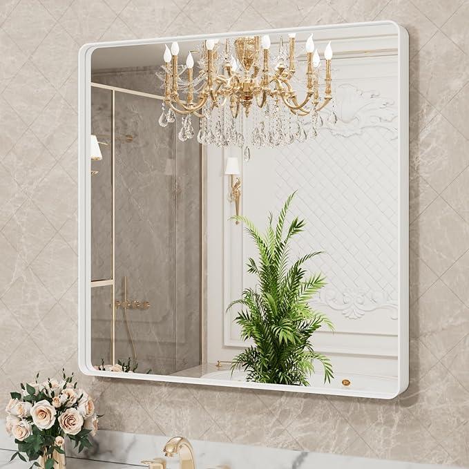 LOAAO 38x38 Inch White Metal Framed Bathroom Mirror for Wall, White Bathroom Vanity Mirror Farmhouse, Large Rounded Rectangle Mirror, Anti-Rust, Tempered Glass, Hangs Horizontally or Vertically - ModernBath