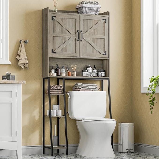 Vabches Over The Toilet Storage Cabinet, Farmhouse Storage Cabinet Over Toilet with 2 Barn Door & Toilet Paper Holder Stand，Home Space-Saving Toilet Rack, for Bathroom, Restroom, Laundry - ModernBath