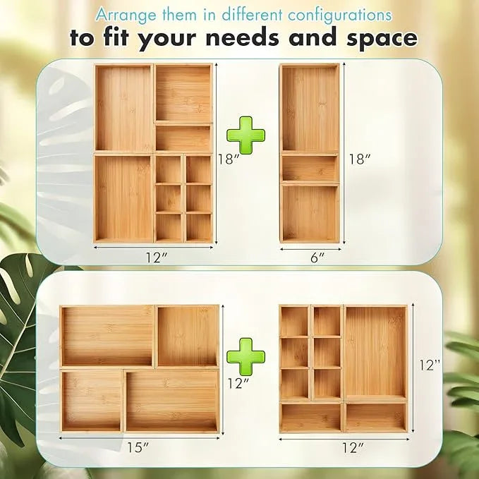 Fabsome Drawer Organizer, Set of 9 Bamboo Wood Kitchen Makeup Desk Junk Tea Drawer Storage Boxes Bins for Cutlery Silverware Utensils Flatware, Small Wooden Container Tray for Bathroom, Office - ModernBath