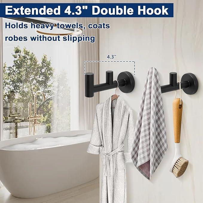 NearMoon Bathroom Double Towel Hook- SUS304 Stainless Steel Robe Towel Holder, Heavy Duty Double Coat Hook for Bathroom Livingroom Kitchen Wall Mounted (Matte Black-F, 2 Pack) - ModernBath