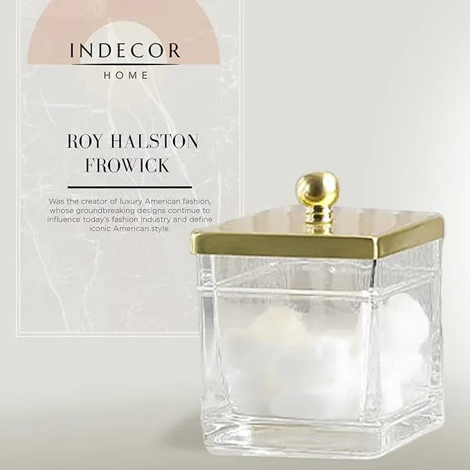 Indecor Home Clear Transparent Hotel Style Apothecary Tempered Glass Canister Jar W/ Gold Metal Lid Cover, Classic Countertop Organizer for Cotton balls/pads, Floss Picks, Makeup Storage - ModernBath