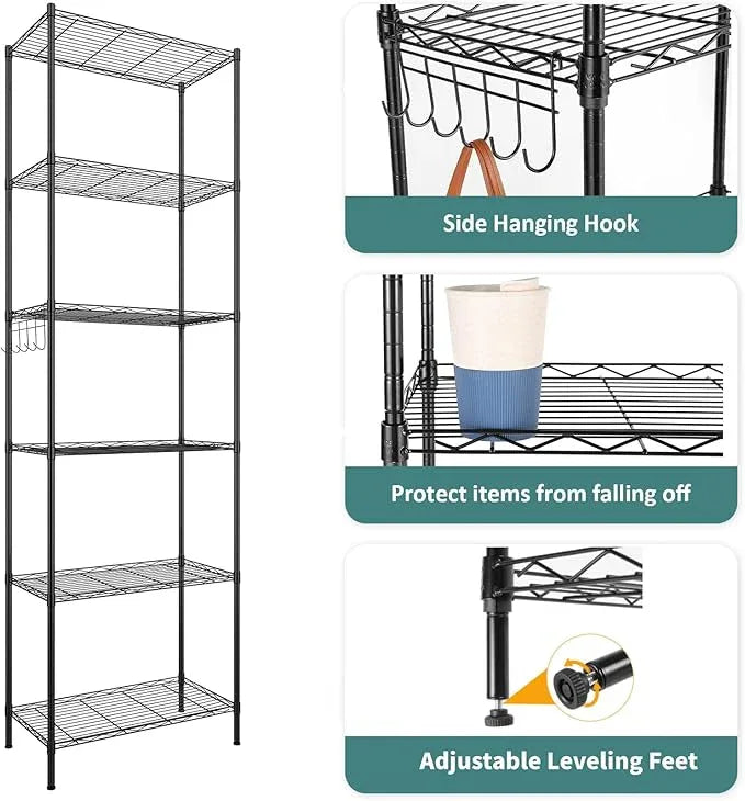 Homdox 6-Tier Storage Shelf Wire Shelving Unit Free Standing Rack Organization Adjustable Leveling Feet, Stainless Side Hooks, Black - ModernBath