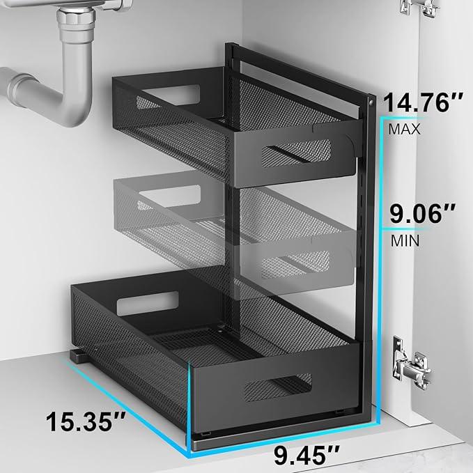 Under Sink Organizer Pull Out Cabinet Organizer Adjustable Height 2 Tier with Sliding Drawers Kitchen Bathroom Organizer and Storage(1pc) - ModernBath