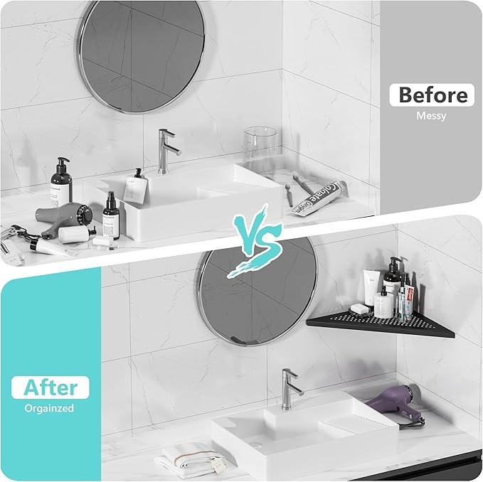 Bathroom Corner Shelf, Recessed 12" Shower Shelf Caddy, SUS304 Stainless Steel Shelf Wall Mount Triangular, No Drilling, Matte Black - ModernBath