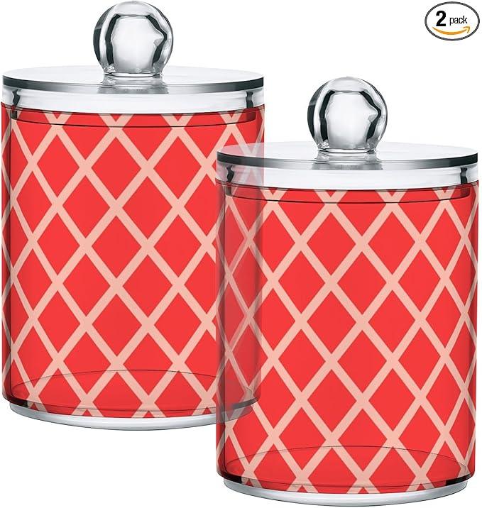 Tatenale Qtip Holder Bathroom Set Q tip Cotton Ball Swab Pad Dispenser Container Organizer Plastic Jars with Lids Storage 2Pack Red Square Rhombuses Mosaic Grid - ModernBath