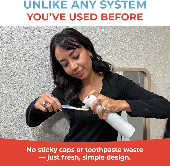 SqueezMe EasyPump Toothpaste Dispenser System - No-Mess Toothpaste Dispenser for Kids, Adults, Families - Hygienic Design & Easy One-Hand Use - Organizers & Accessories for Bathroom - Universal Fit - ModernBath