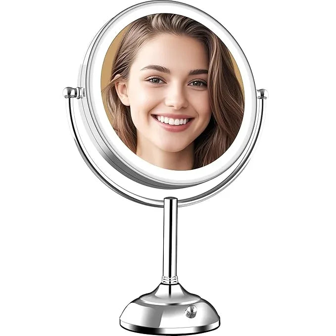 VESAUR Upgraded 11" Large 17" Tall Lighted Makeup Mirror Silver, 1X/10X Dual-Sided Magnifying with 15X Suction Mirror, 3 Color Adjustable Lights, 360° Swivel Dual Power Vanity Mirror, Gift Box - ModernBath