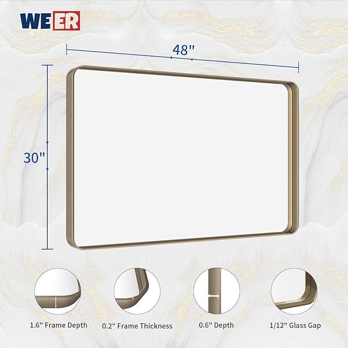 WEER 48x30 Inch Bronze Bathroom Mirror for Vanity, Brushed Bronze Metal Frame Mirror for Wall, Rounded Rectangle Bronze Frame Mirror with Tempered Glass, Anti-Rust (Horizontal/Vertical) - ModernBath