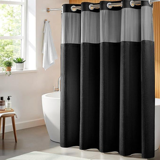 River Dream Black Fabric Shower Curtain Set, Cotton Blend, Waffle Weave, with Snap in Replacement Liner，71 x 74 inches - ModernBath