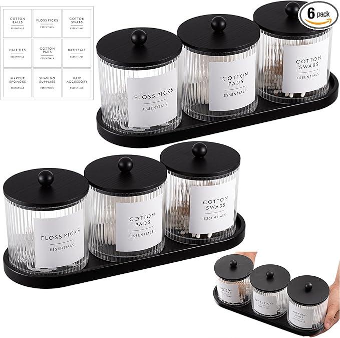 Vesici 6 Pack Bathroom Canisters Ribbed Apothecary Jars with Bamboo Lids 2 Bamboo Trays and 9 Label Stickers Cotton Swabs Holder Bathroom Organizer Storage Set Acrylic 18 oz Dispenser Container(Black) - ModernBath
