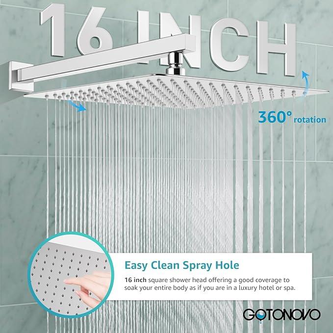gotonovo Rainfall Bathroom Shower System Rain Shower Head and Handle Set Wall Mounted Shower Complete Combo Solid Brass Pressure Balancing Shower Mixer Valve 16 Inch Polished Chrome - ModernBath