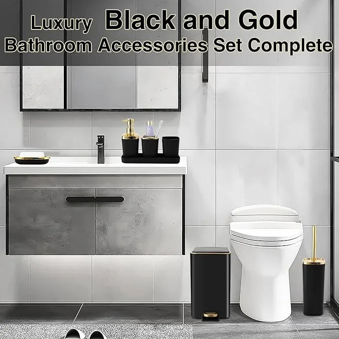 XLHOMO Black Bathroom Accessories 8 Piece Black and Gold Bathroom Set, Bathroom Accessories with Stainless Steel Bathroom Trash Can,Toilet Brush,Toothbrush Set,Soap Dispenser - ModernBath