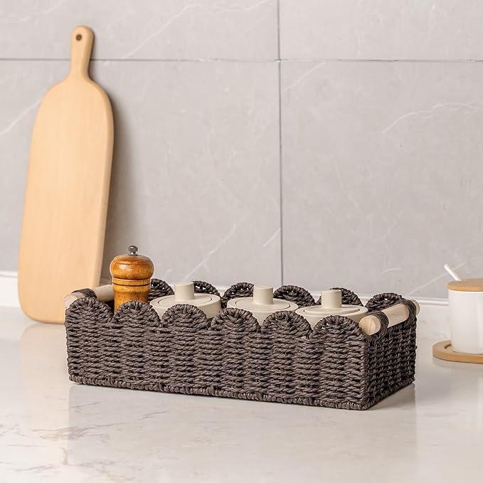 CubesLand Paper Rope Scalloped Edge Shelves Storage Basket, Woven Toilet Paper Baskets for Over Toilet Storage Shelf, Ending Table, Floating Shelves Organizing or Home Décor, with Wood Handle, Brown - ModernBath