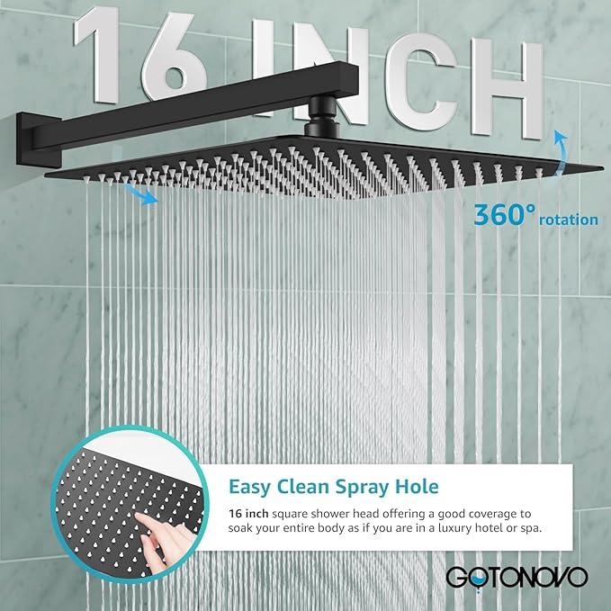 gotonovo Rainfall Bathroom Shower System Rain Shower Head and Handle Set Wall Mounted Shower Complete Combo Solid Brass Pressure Balancing Shower Mixer Valve 16 Inch Matte Black - ModernBath