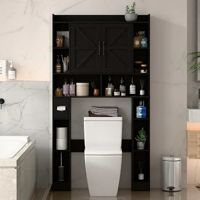 Farmhouse Storage Cabinet Over Toilet with Barn Doors，Over The Toilet Storage Cabinet, Home Space-Saving Toilet Rack, for Bathroom, Restroom, Laundry.Pure Black - ModernBath