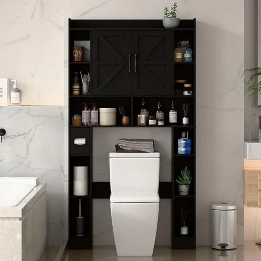 Farmhouse Storage Cabinet Over Toilet with Barn Doors，Over The Toilet Storage Cabinet, Home Space-Saving Toilet Rack, for Bathroom, Restroom, Laundry.Pure Black - ModernBath