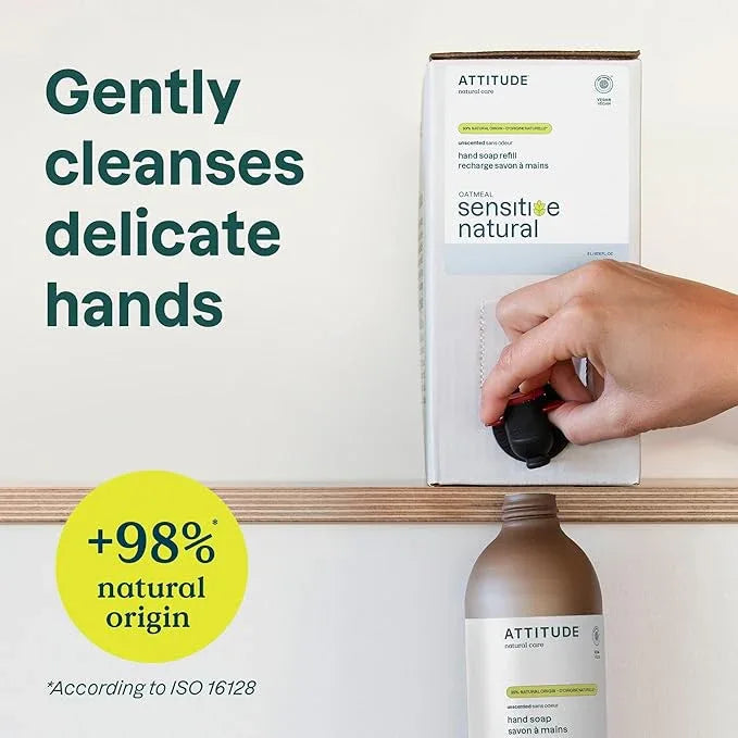 ATTITUDE Gentle Hand Soap for Sensitive Skin, EWG Verified, Enriched with Oats, Dermatologically Tested, Vegan, Unscented, Bulk Refill, 67.6 Fl Oz - ModernBath