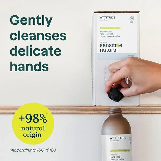 ATTITUDE Gentle Hand Soap for Sensitive Skin, EWG Verified, Enriched with Oats, Dermatologically Tested, Vegan, Unscented, Bulk Refill, 67.6 Fl Oz - ModernBath