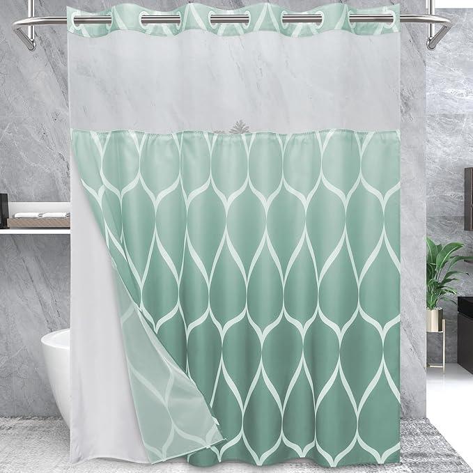 Yiatn No Hook Ombre Teal Shower Curtain with Snap in Fabric Liner Set - Hotel Style with See Through Mesh Top Window, Modern Geometric Waterdrop Design,Waterproof and Washable, 71x74 INCH - ModernBath